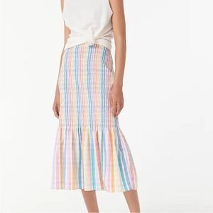 J.Crew Smocked Midi Skirt in Pastel Rainbow Stripe